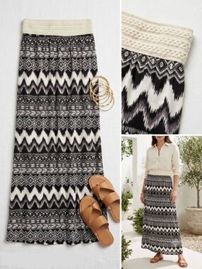 Crochet-Waist Black & Cream Geo-Print Maxi Skirt